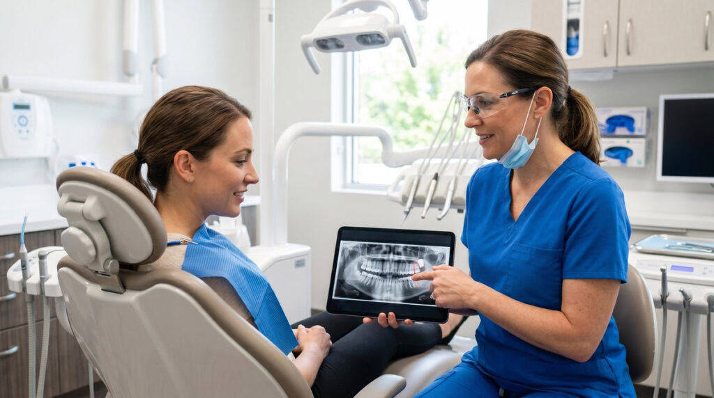 Dentist explaining dental x-ray to patient in modern clinic