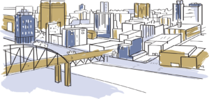 Illustrated Charleston, WV cityscape for Simpson Dental